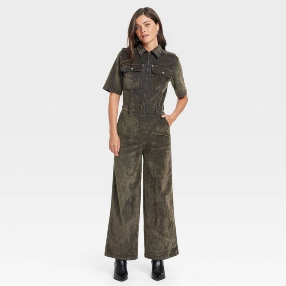 Universal Thread Women’s Velvet Flocked Denim Dark Olive Jumpsuit Size 8 NWOT